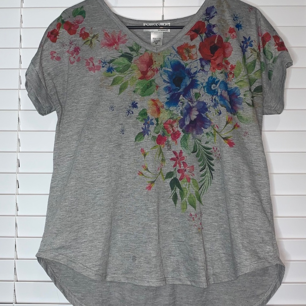 Gray v neck floral shirt